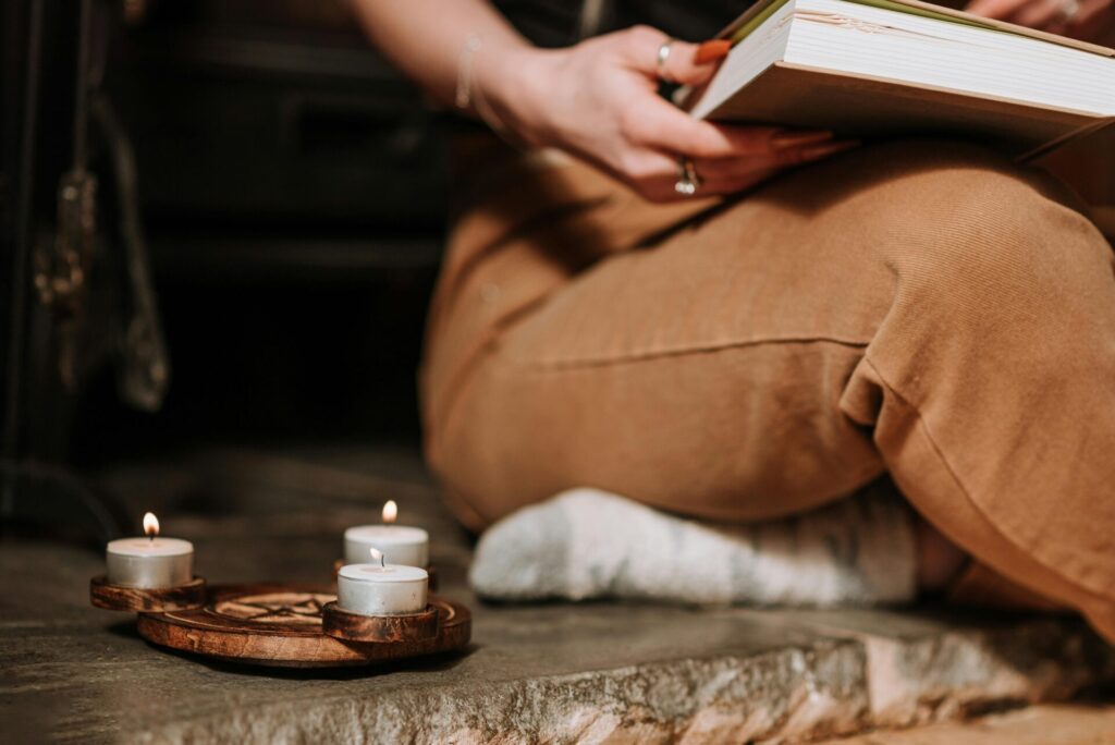 Omnist woman reading a holy scripture